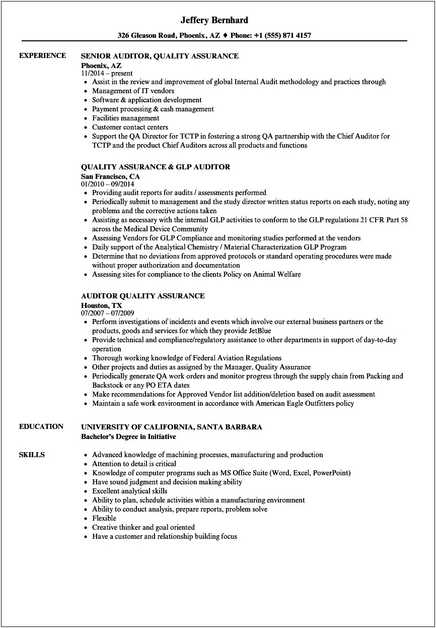 Quality Assurance Auditor Resume Objective