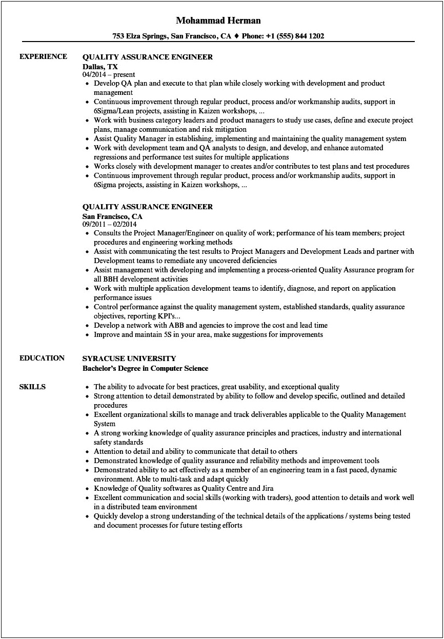 Quality Assurance Control Resume Examples