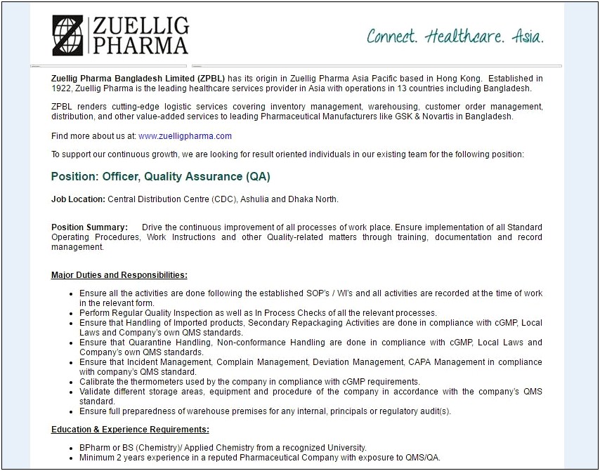 Quality Assurance Manager Healthcare Resume