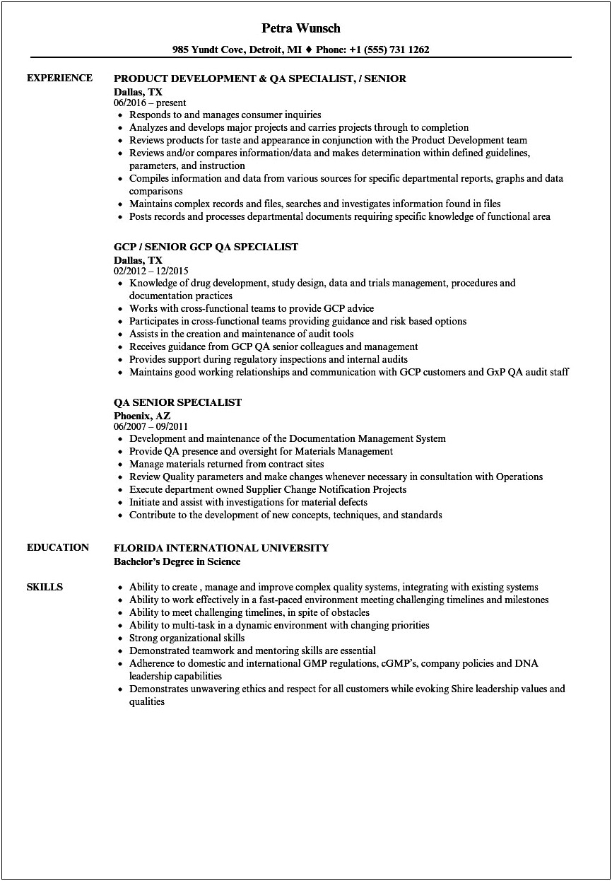 Quality Assurance Specialist Job Description Resume