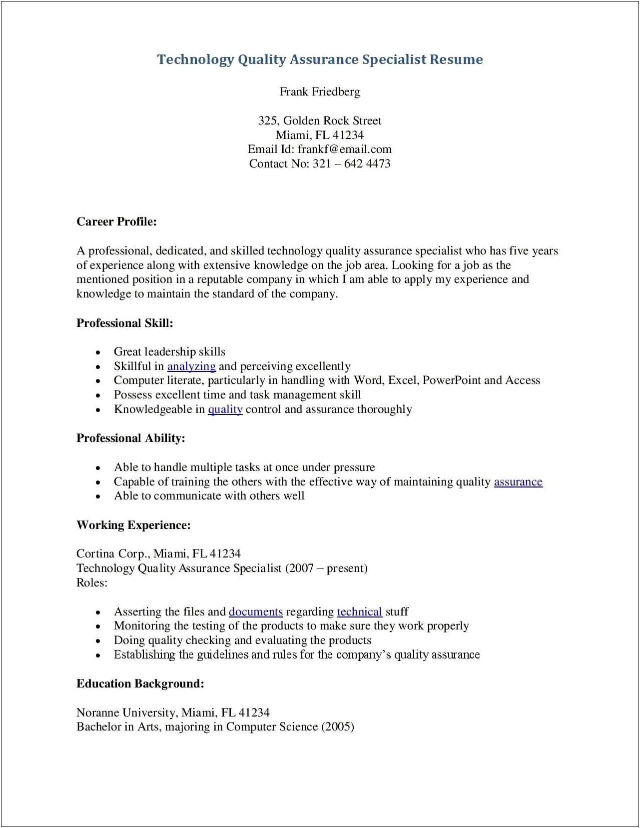 Quality Assurance Specialist Resume Sample