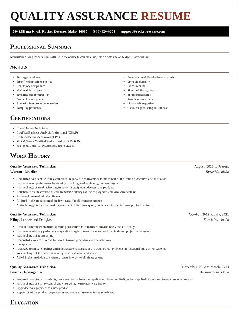 Quality Assurance Technician Resume Objective