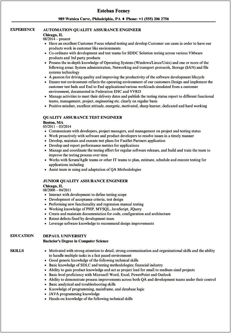 Quality Assurance Tester Resume Examples
