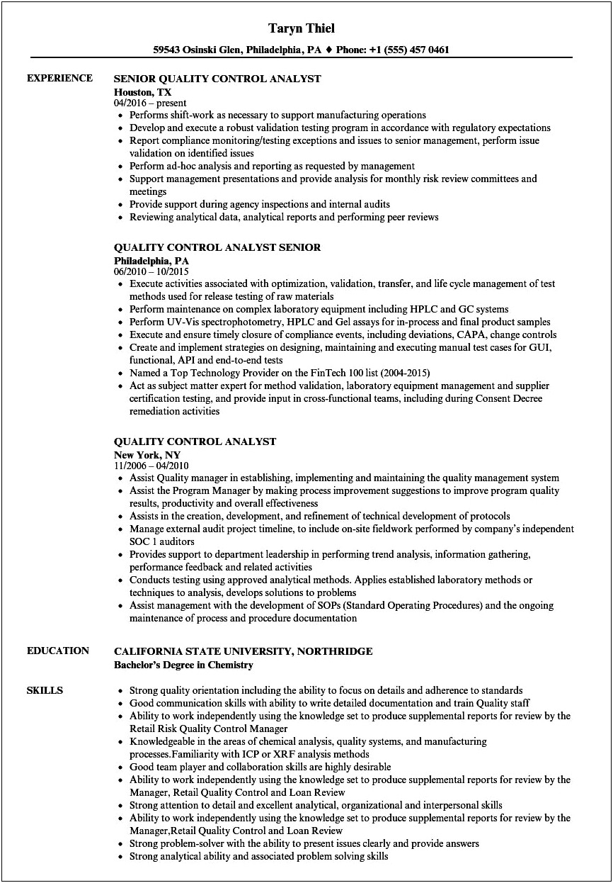Quality Control Analyst Resume Examples