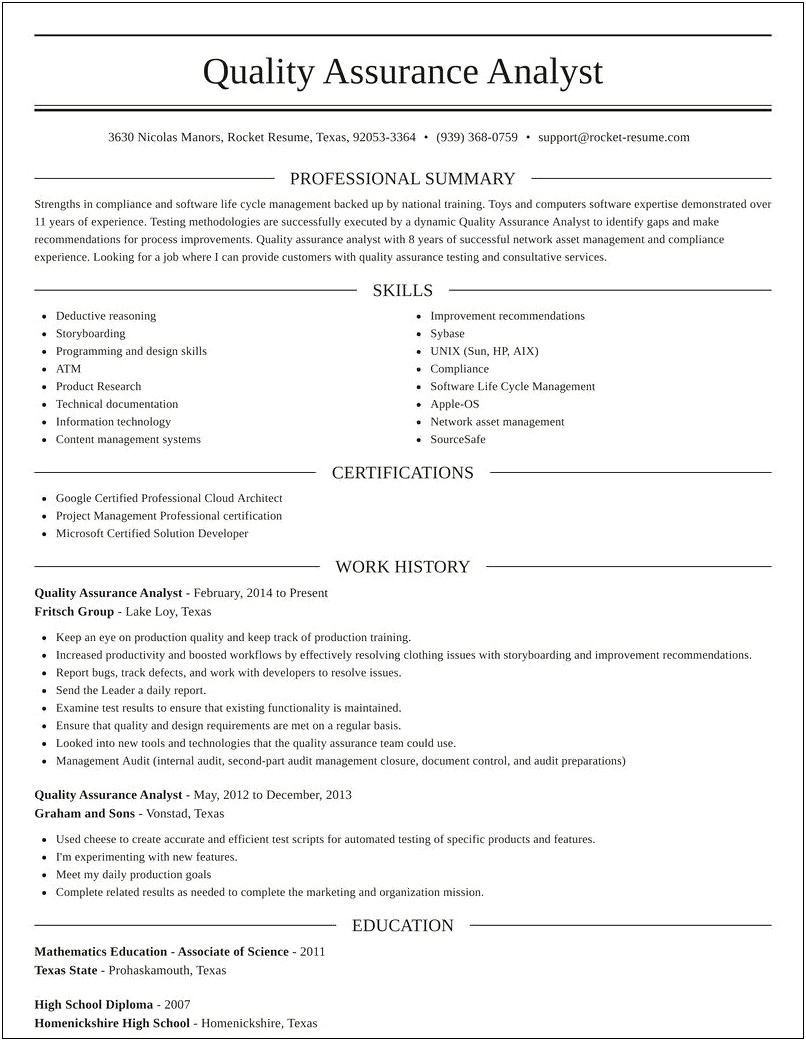 Quality Control Analyst Resume Sample