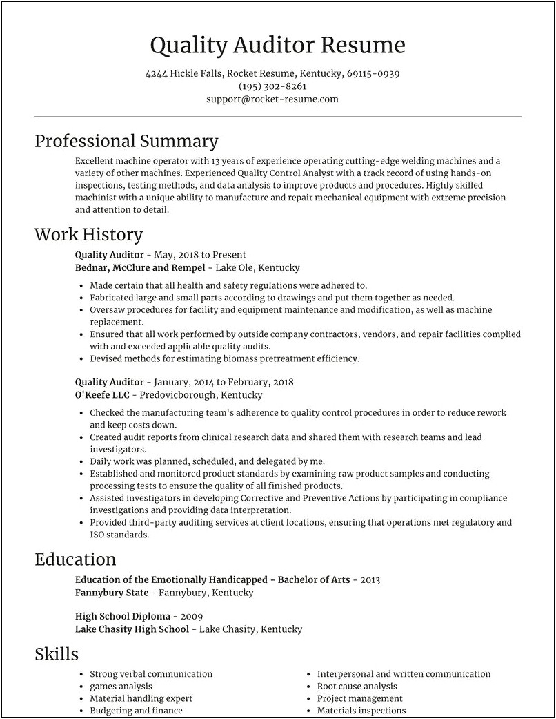 Quality Control Auditor Resume Sample