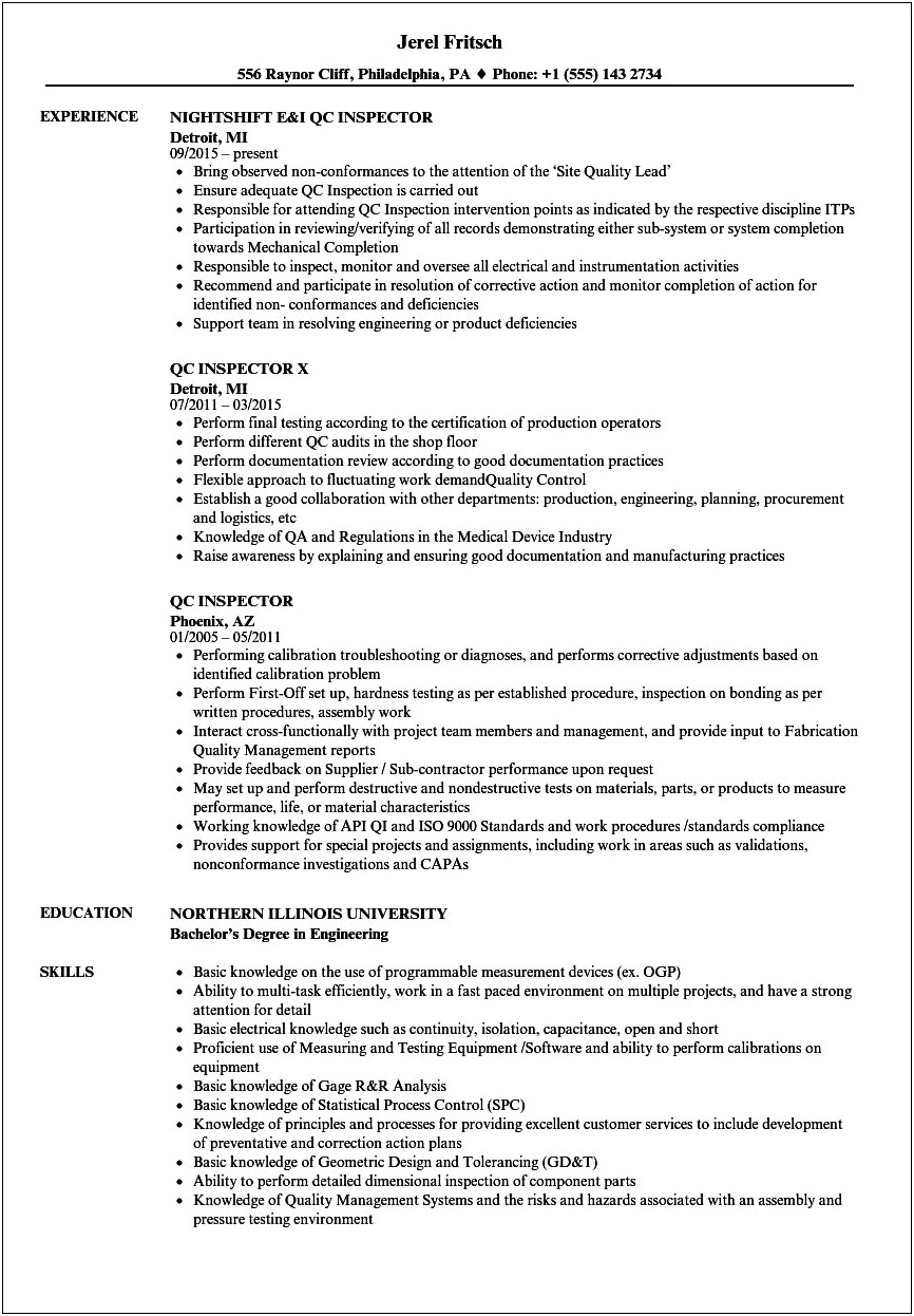 Quality Control Inspector Resume Cover Letter