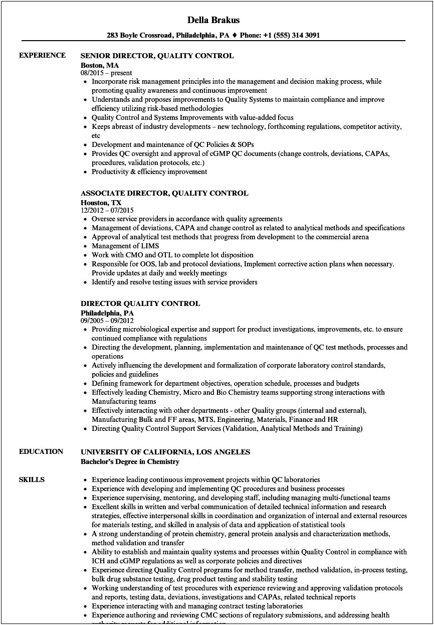 Quality Control Objectives For Resume