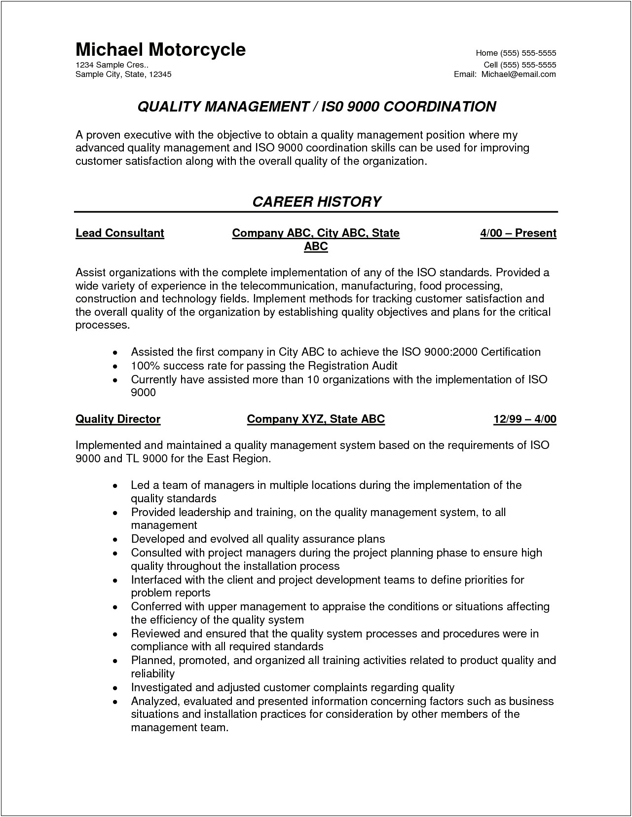 Quality Control Plan Sample Resume