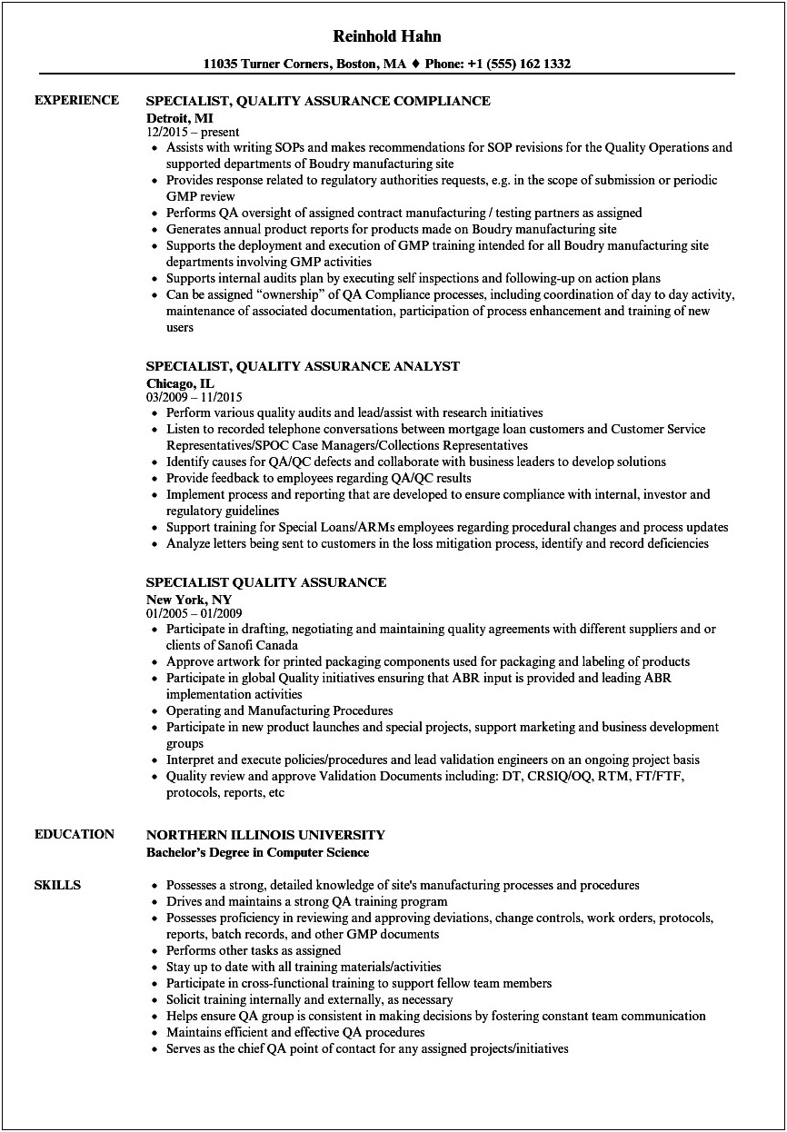 Quality Control Specialist Resume Sample