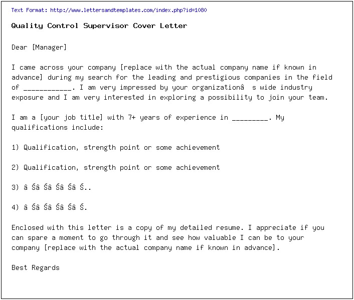 Quality Control Supervisor Resume Objective