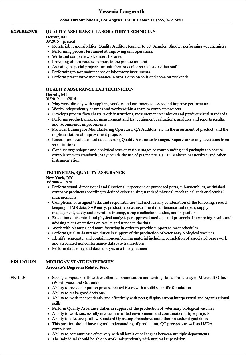 Quality Control Technician Job Description For Resume