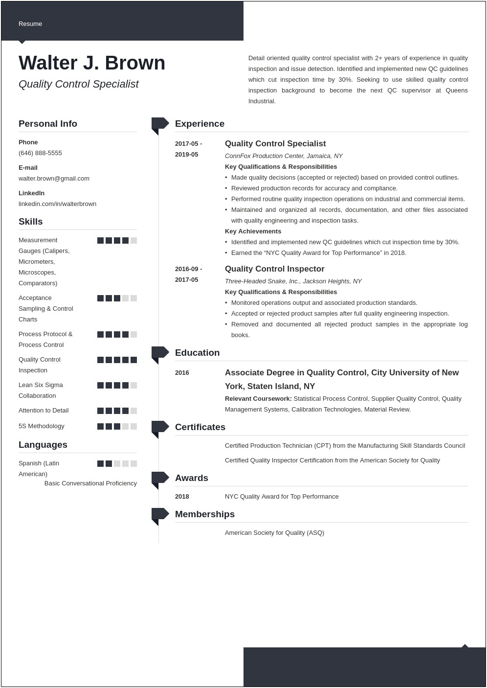 Quality Control Technician Job Description Resume
