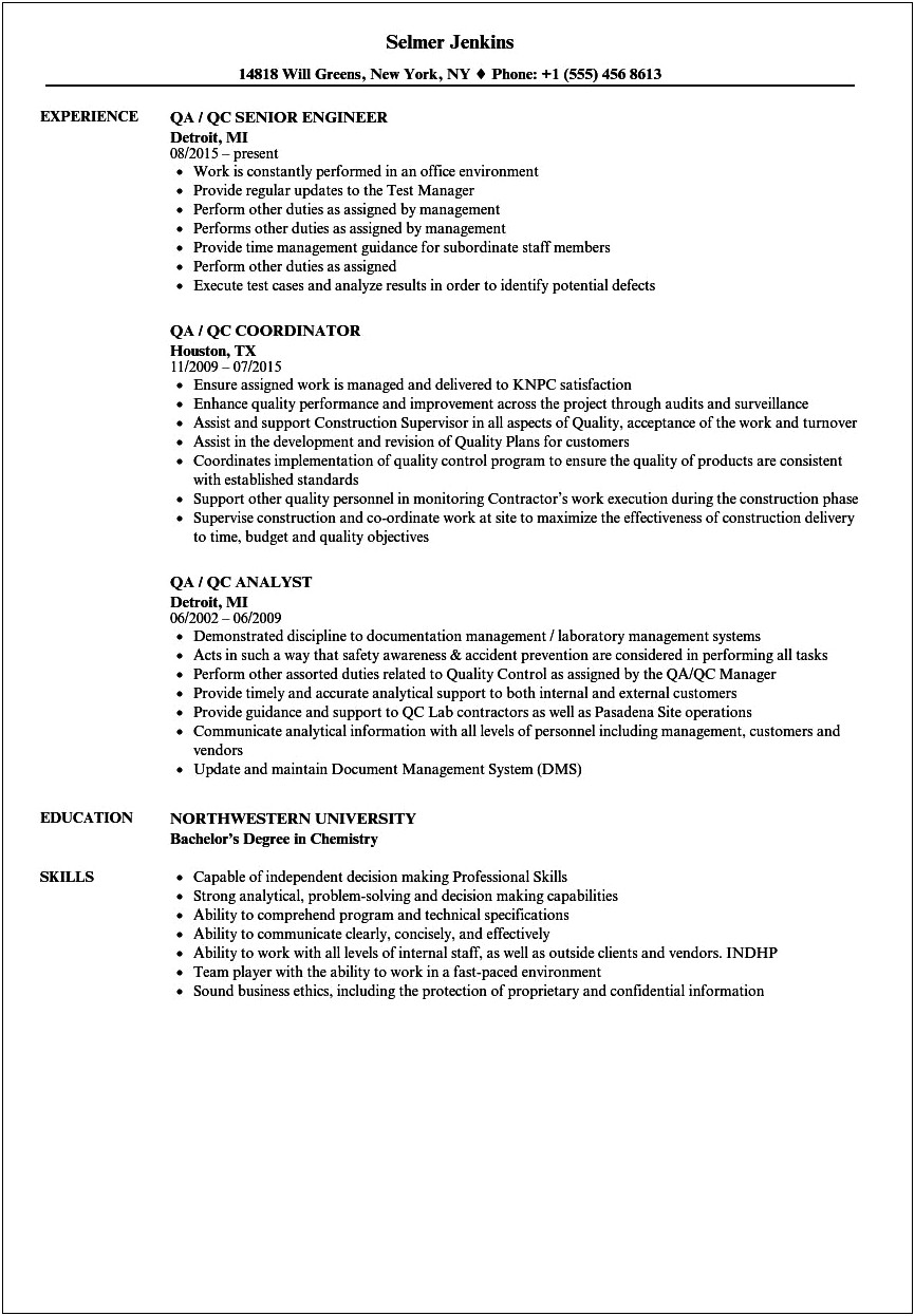 Quality Engineer Job Description Resume