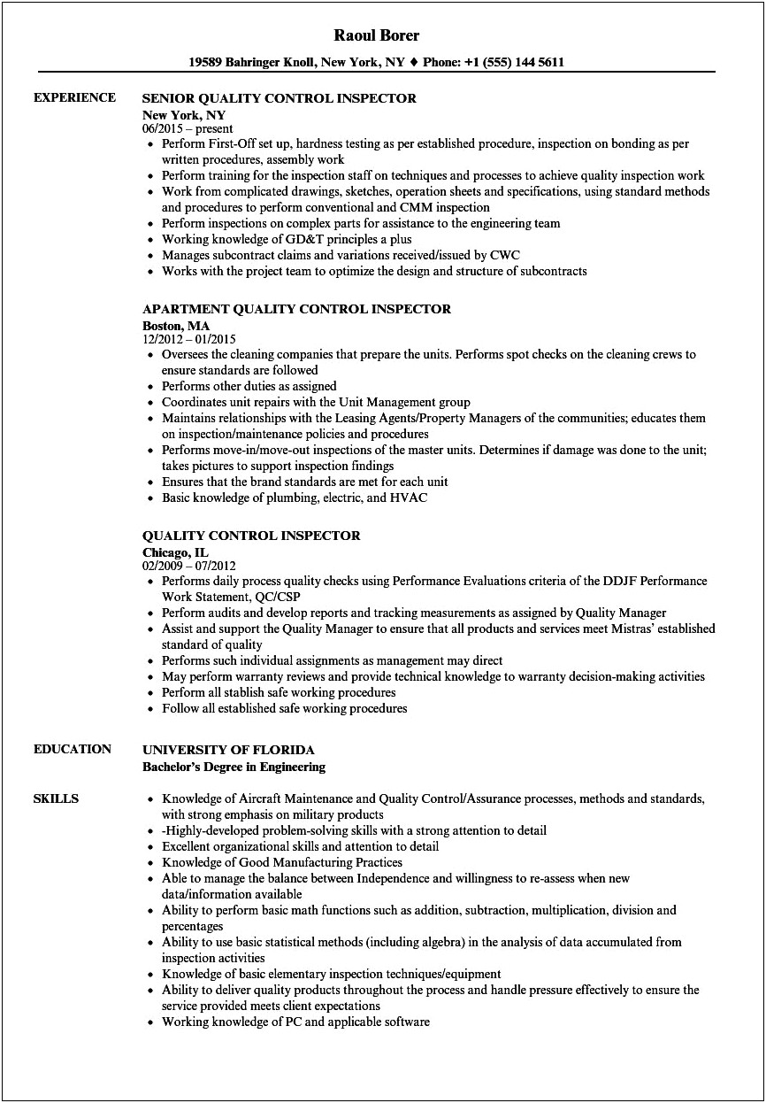 Quality Inspector Job Description Resume