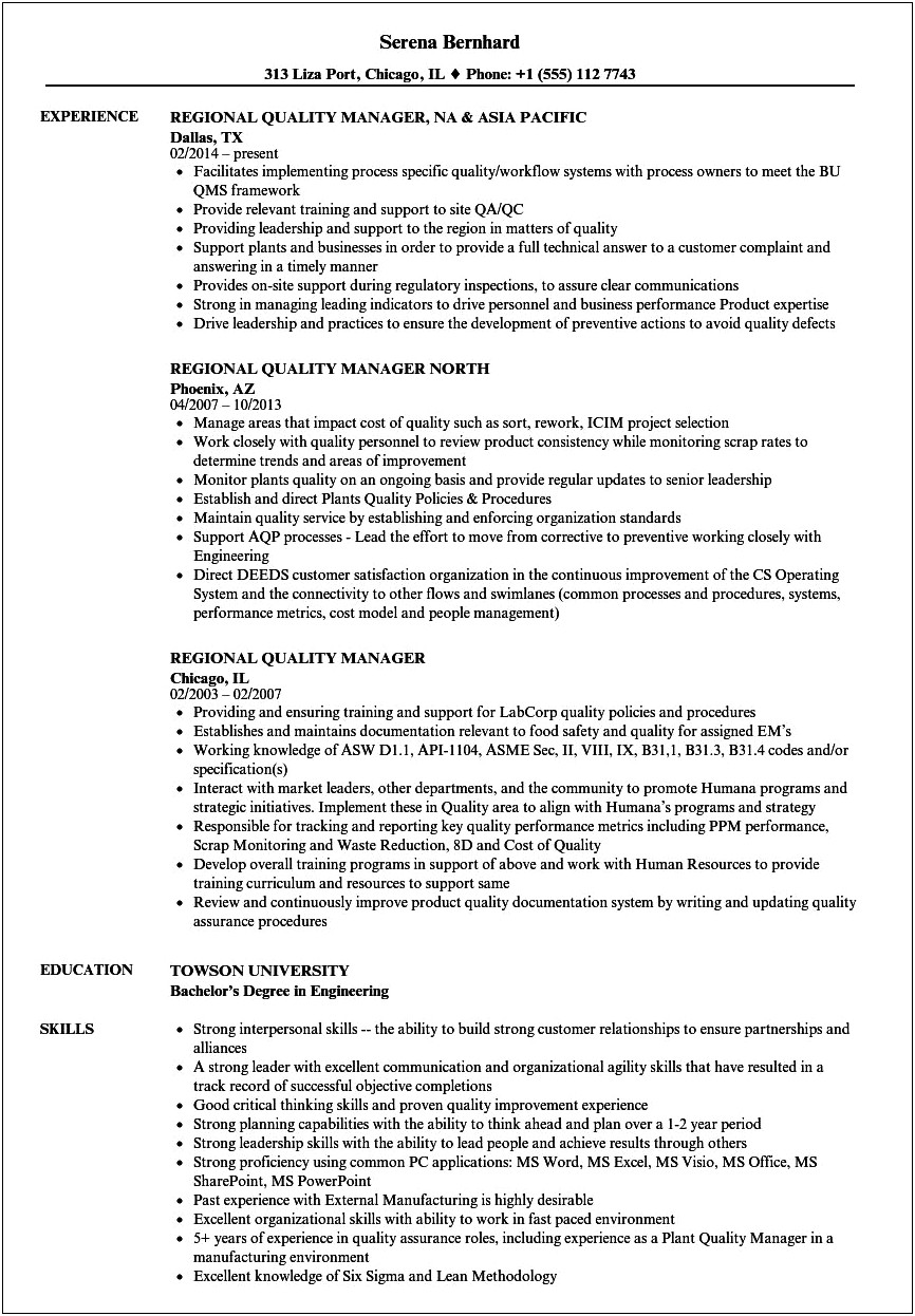 Quality Manager Functional Resume Example