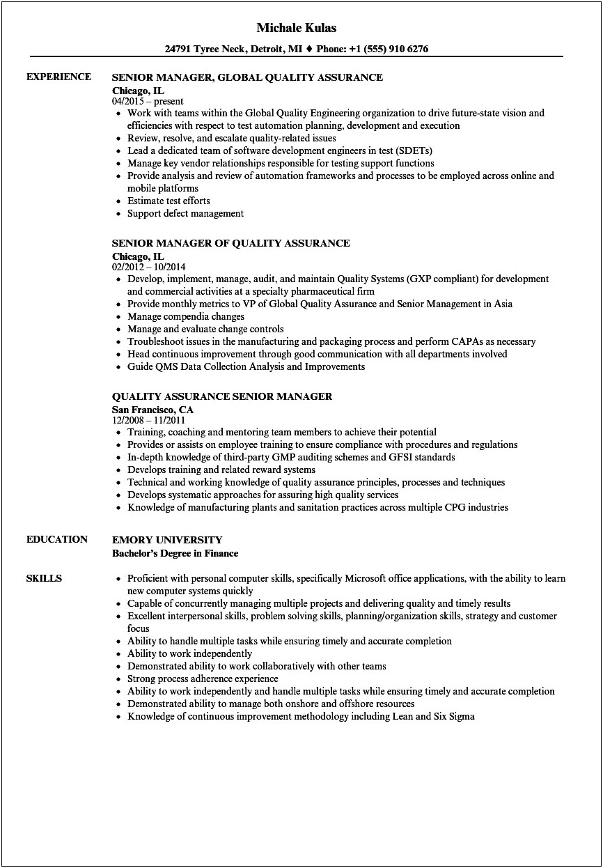 Quality Manager New Jersey Resume