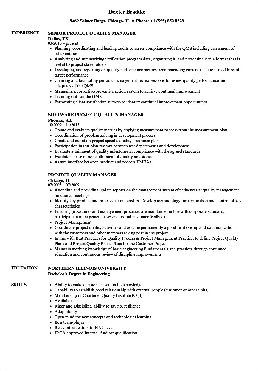 Quality Manager Resume Objective Examples