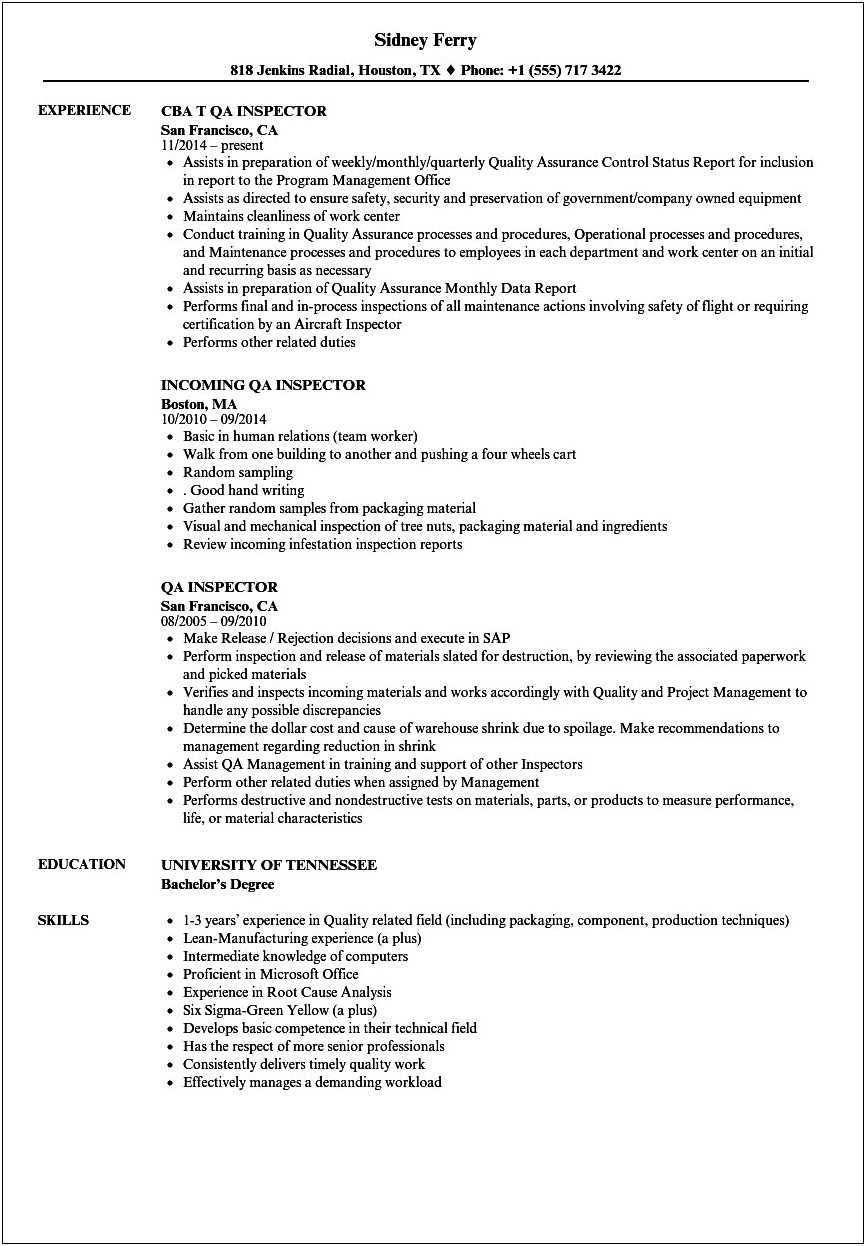 Quality Receiving Inspector Resume Example
