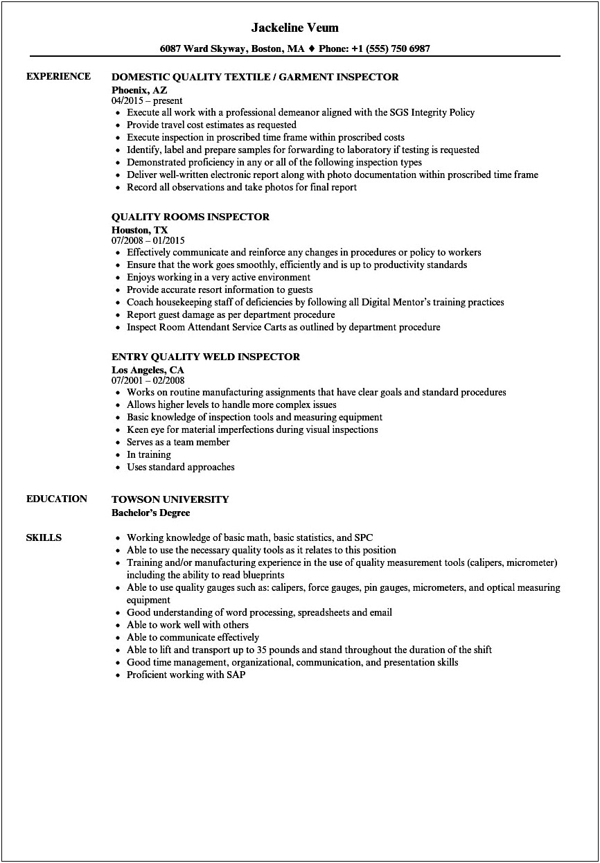 Quality Receiving Inspector Resume Sample