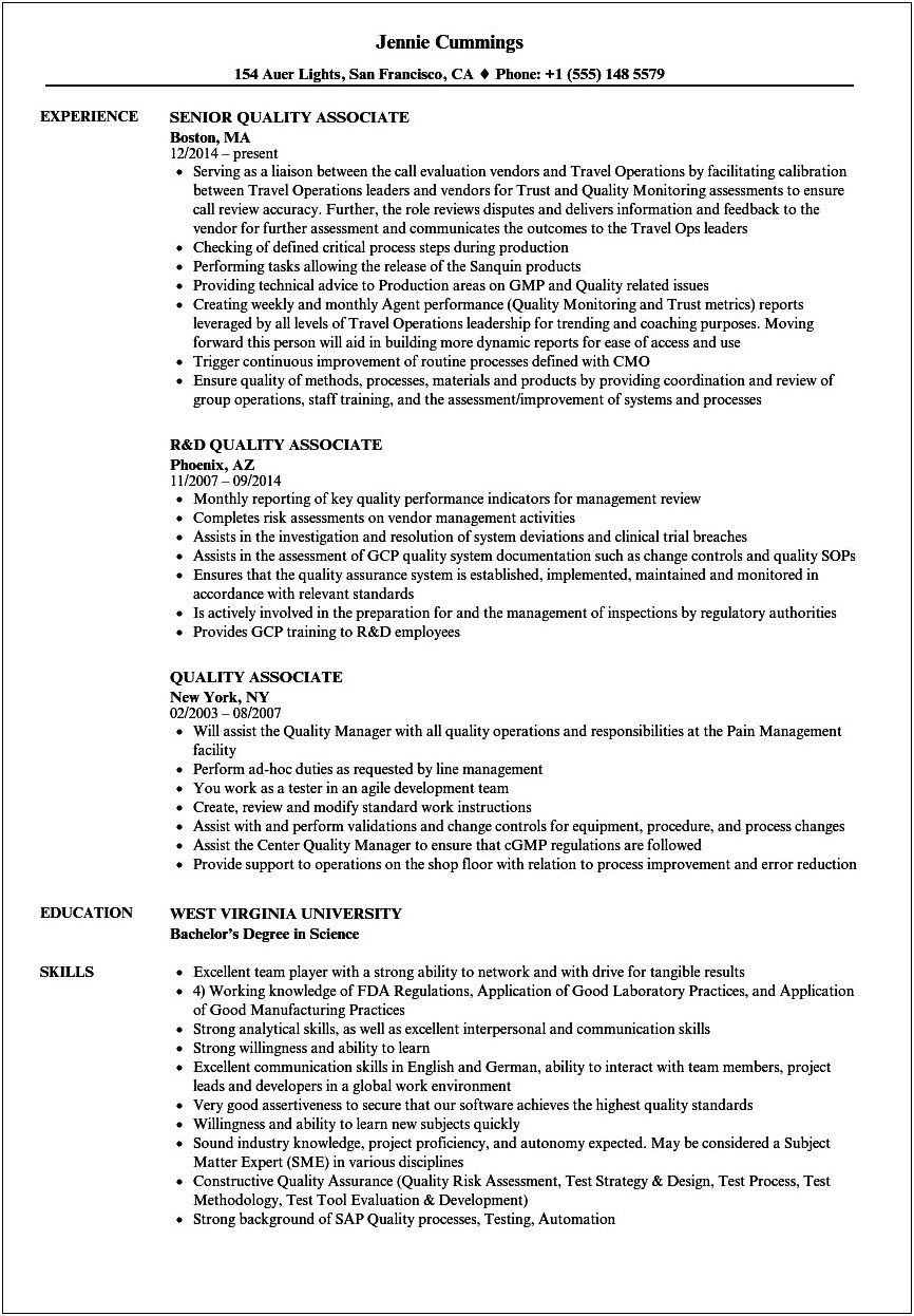 Quality Resume Example For Lead Fulfillment Associate