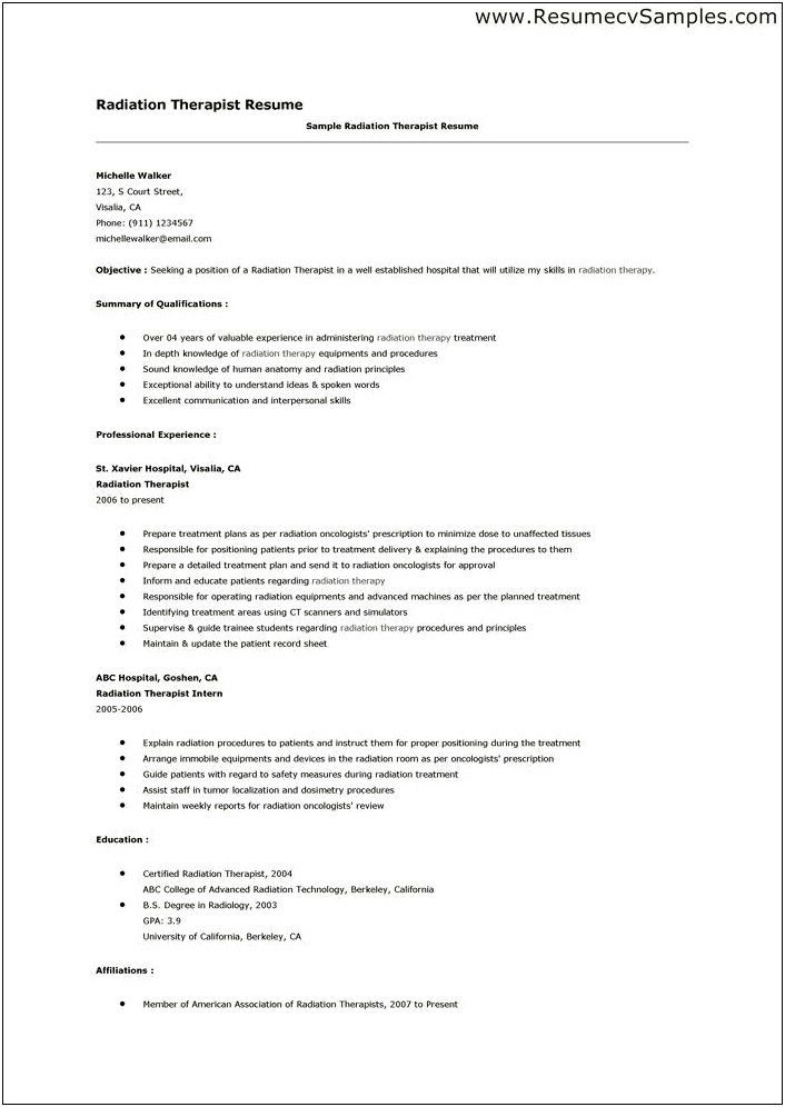 Radiation Therapist Job Description For Resume