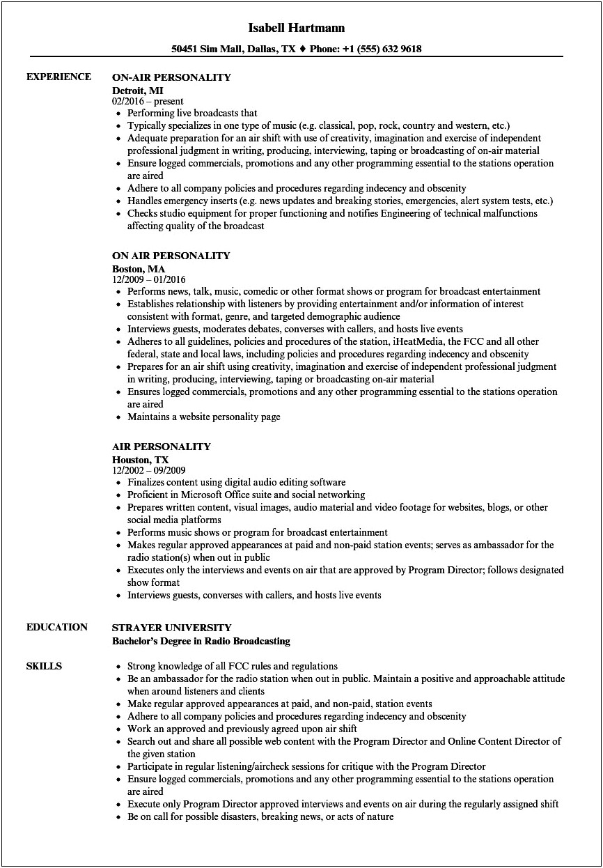 Radio Dj Job Description Resume
