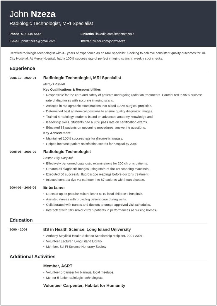 Radiologic Technologist Job Description Resume