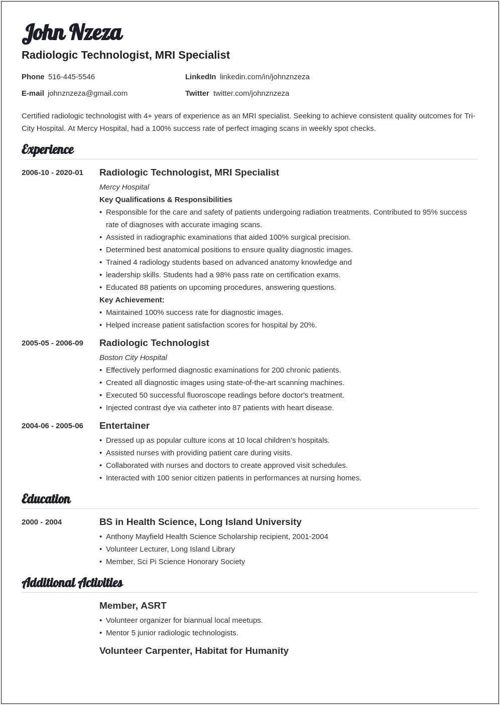 Radiologic Technologist Resume Objective Examples