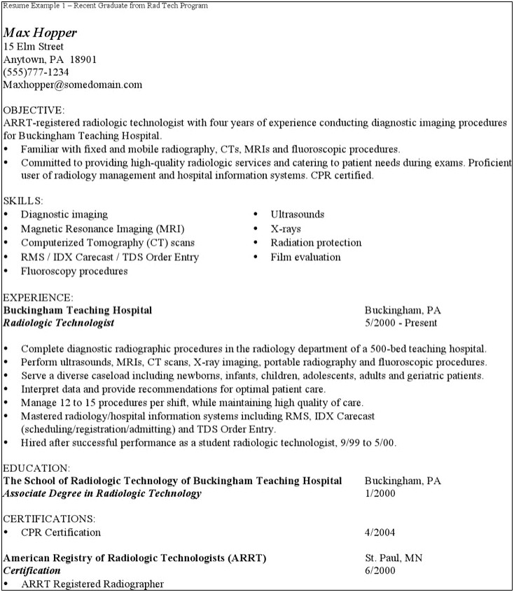 Radiologic Technologist Sample Resume Entry Level