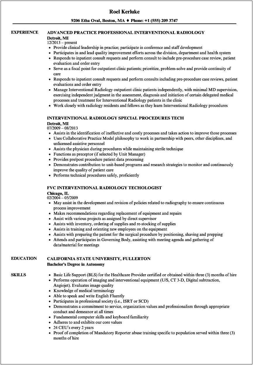 Radiology Nurse Job Description For Resume