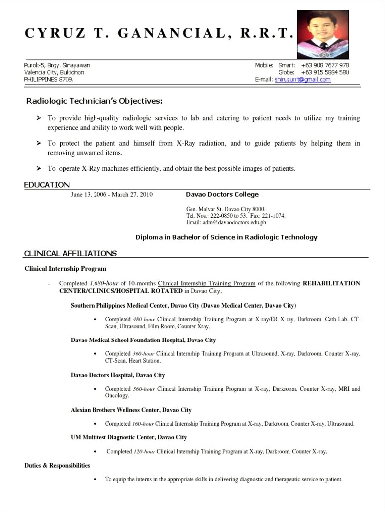 Radiology Technician Job Description Resume
