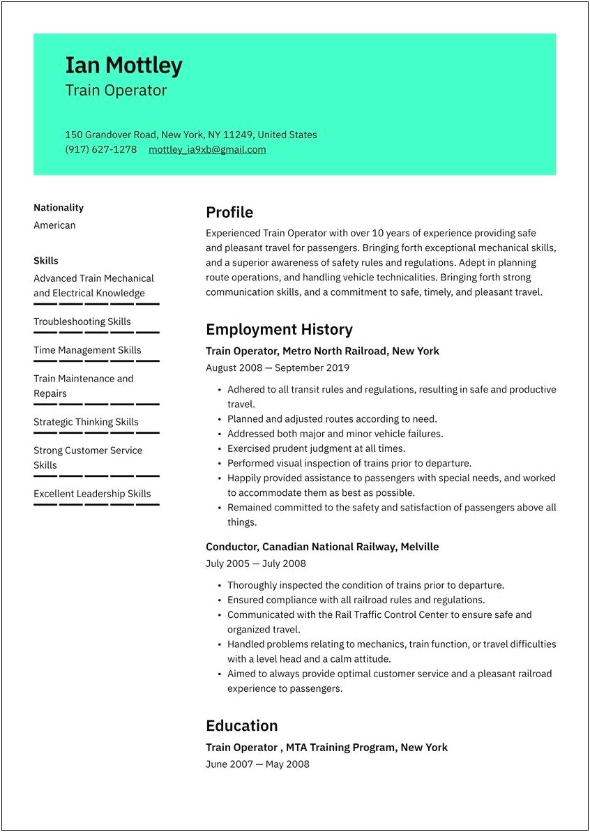 Railroad Conductor Job Description For Resume