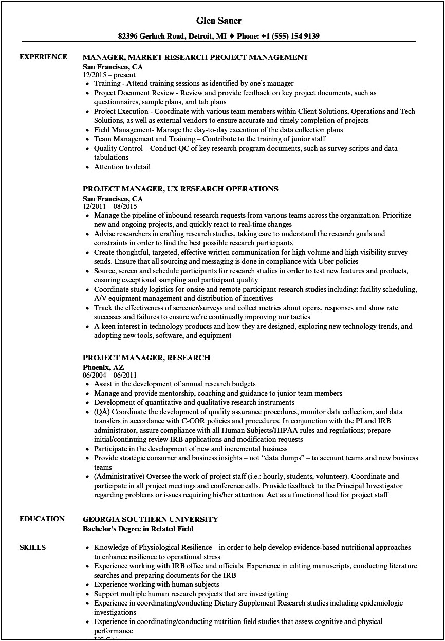R&d Project Manager Resume