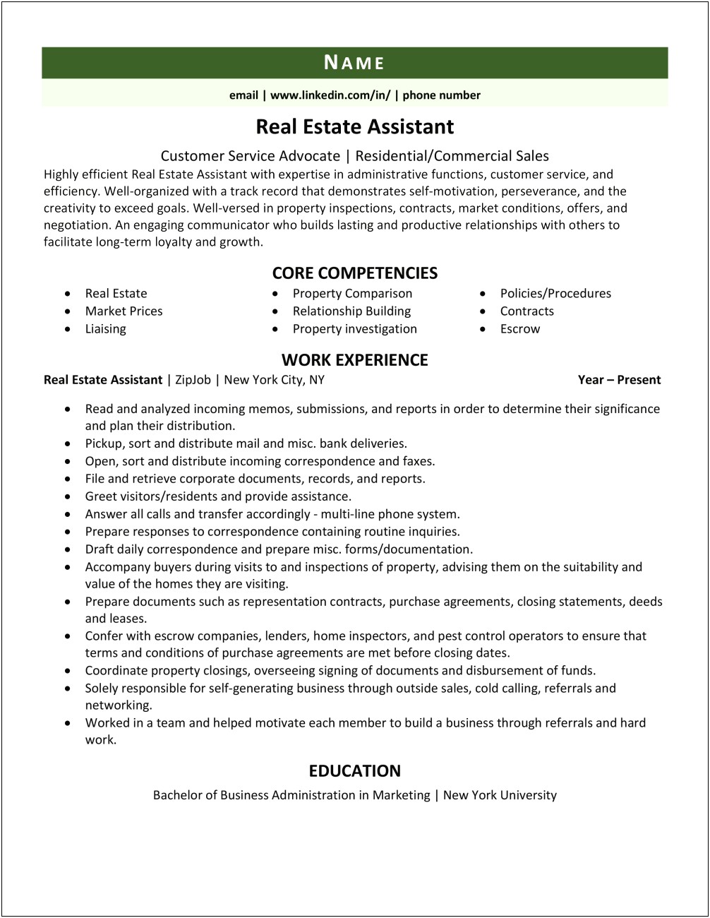 Real Estate Administrative Assistant Resume Summary