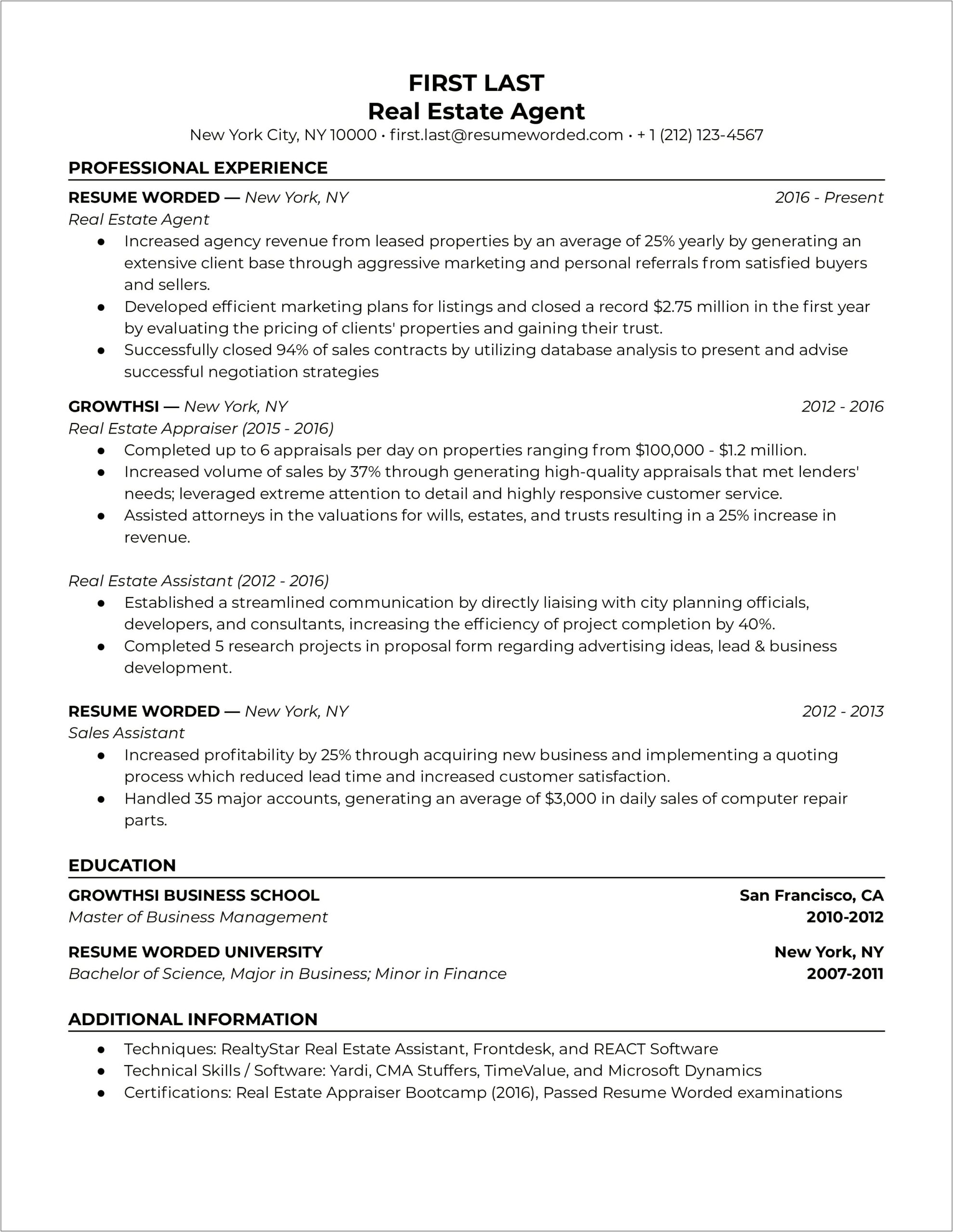 Real Estate Appraiser Job Description Resume