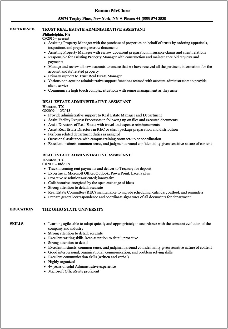 Real Estate Assistant Job Description For Resume