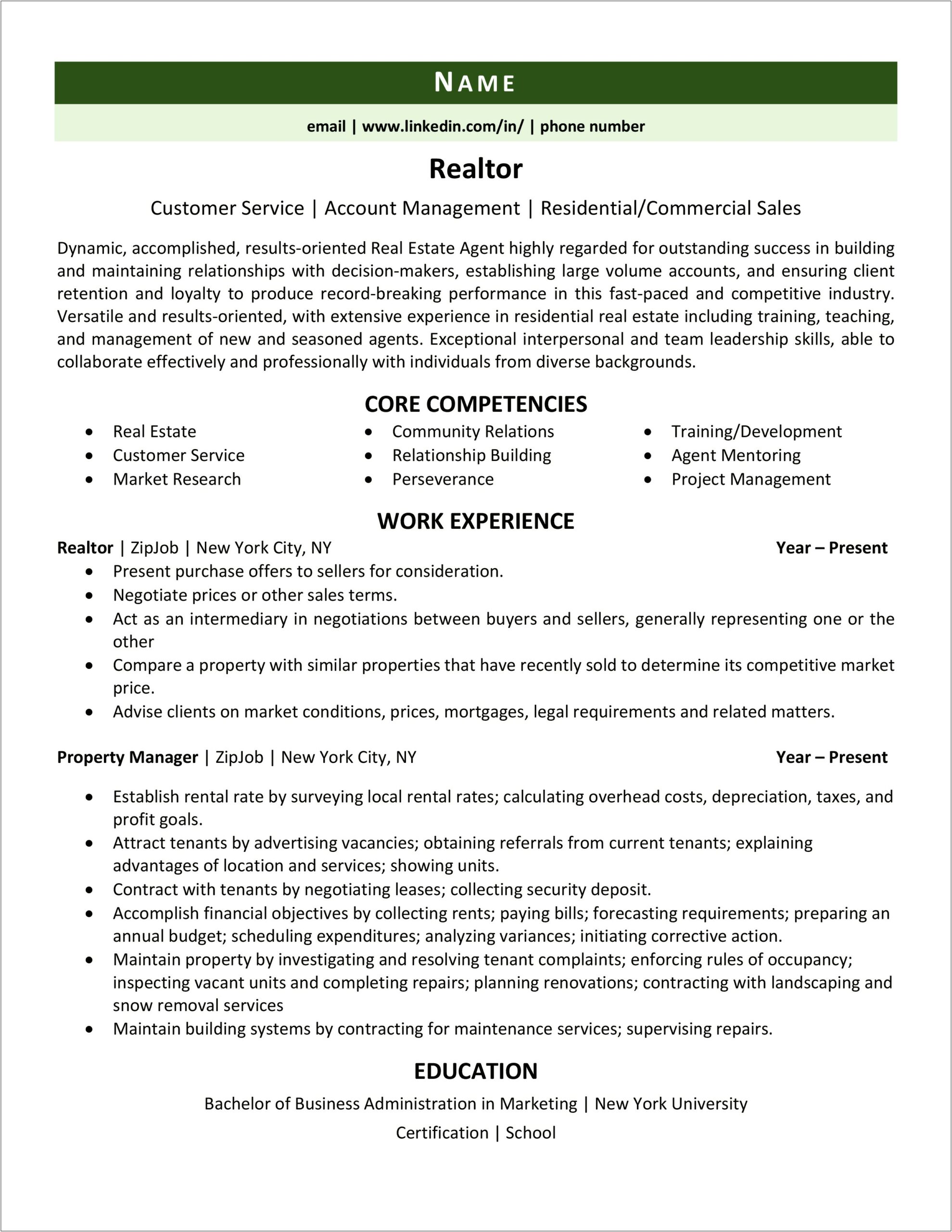 Real Estate Experience On A Resume