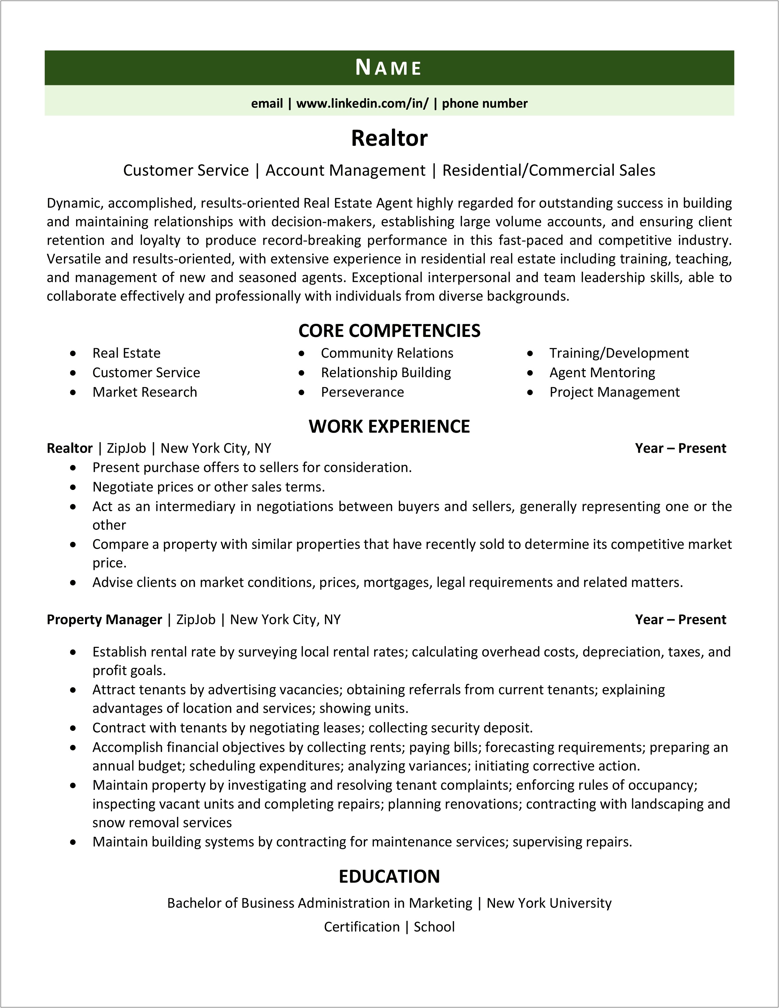 Real Estate Experience On A Resume