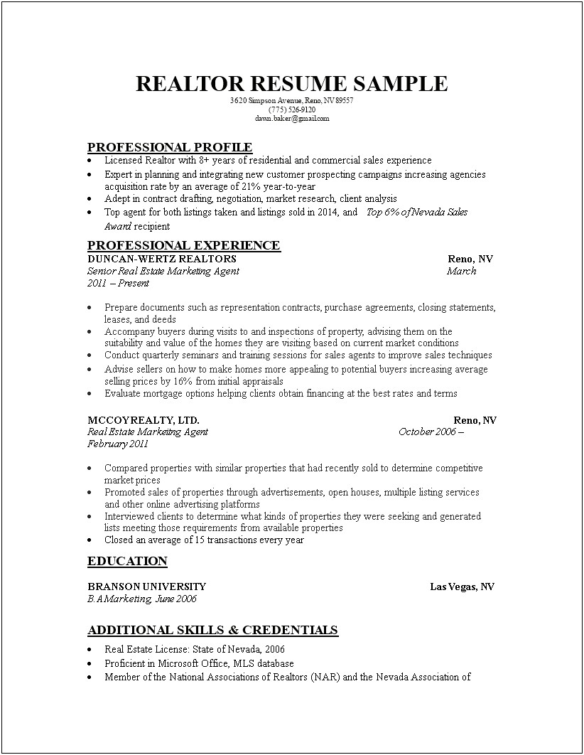 Real Estate Experience Resume Example