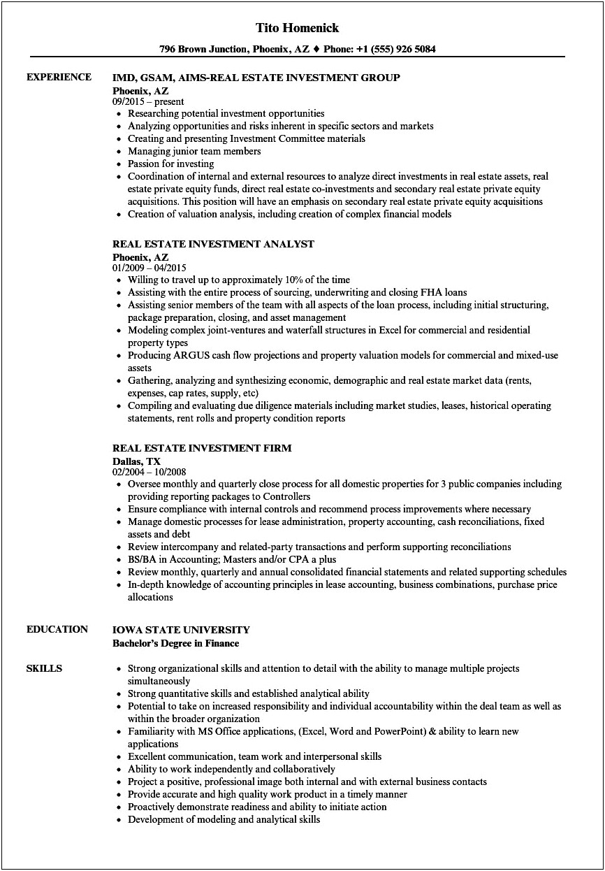 Real Estate Finance Analyst Job Description For Resume