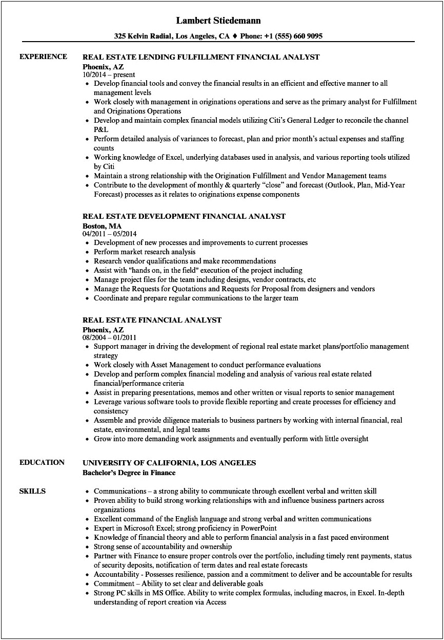 Real Estate Investment Analyst Resume Samples