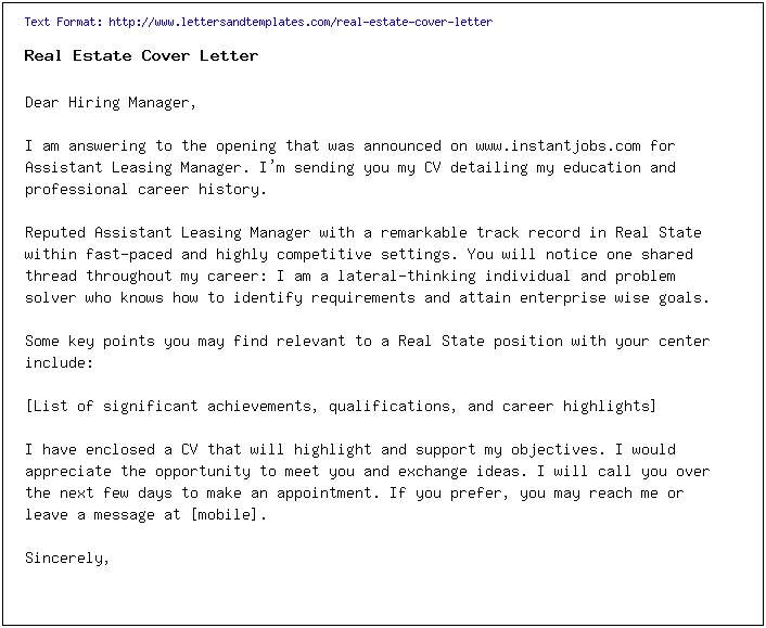 Real Estate Resume Cover Letter Samples