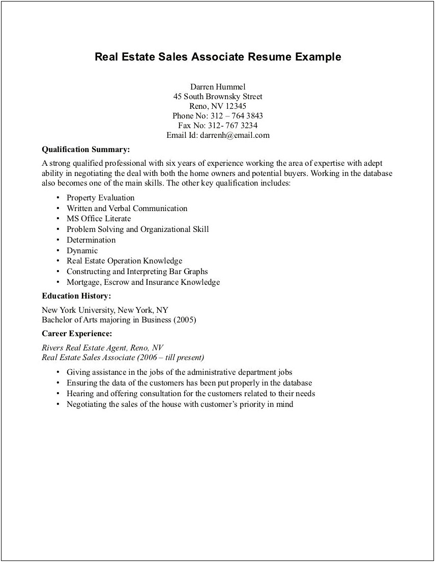 Real Estate Sales Associate Resume No Experience