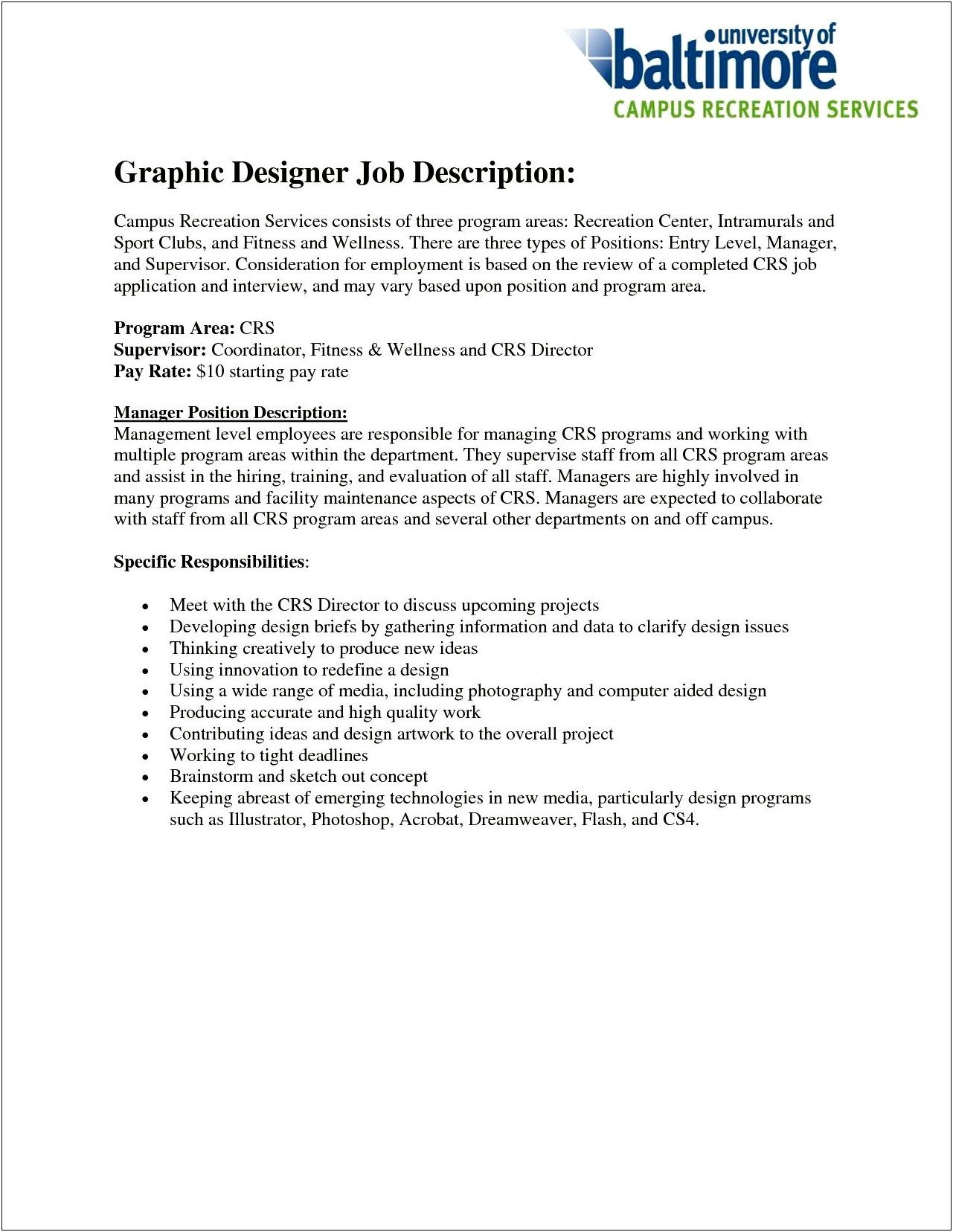 Rec Center Job Description Resume