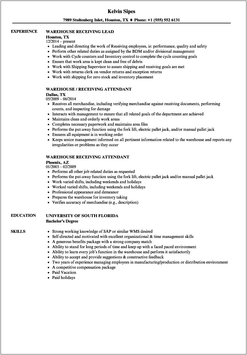 Receiver Job Description For Resume