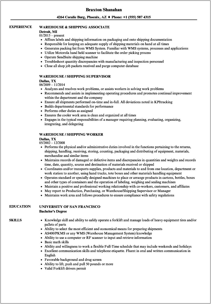 Receiving Associate Job Description Resume