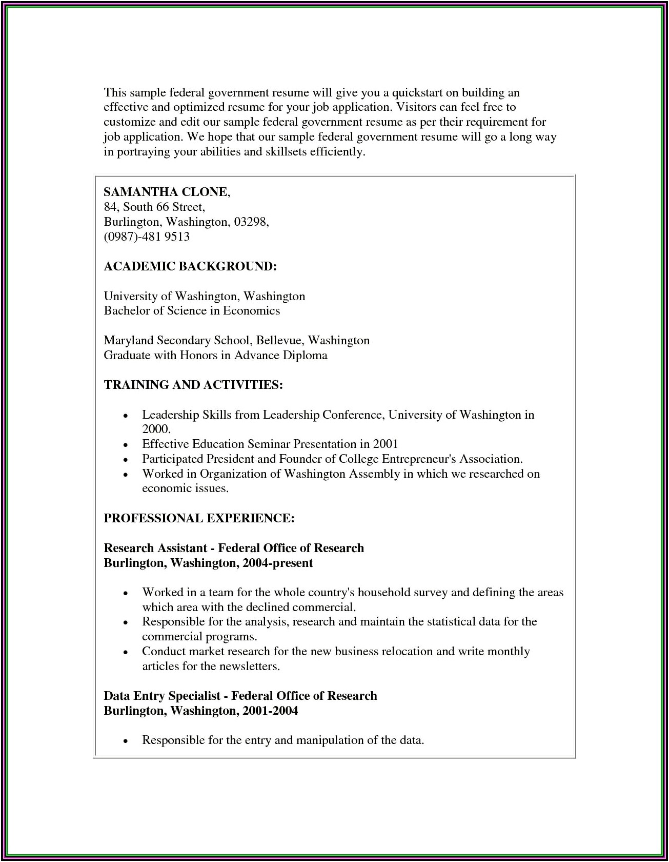 Recent Graduate Federal Resume Sample