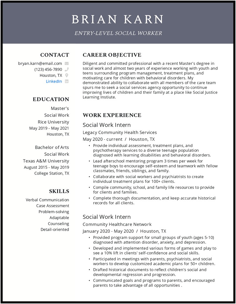 Recent Gradute Resume Samples For Social Workers