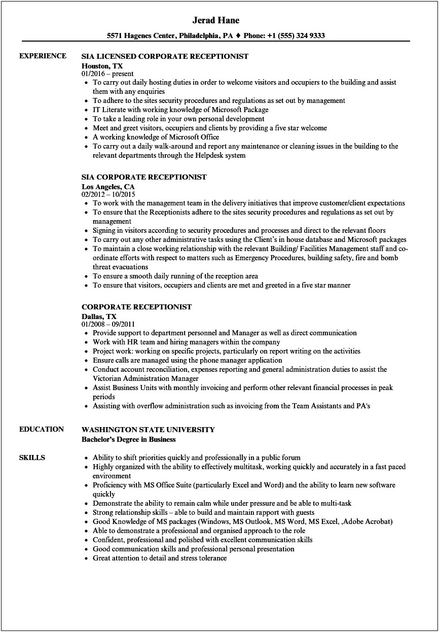 Receptionist Job Description Duties For Resume